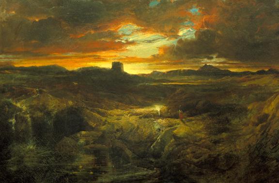 A break in the clouds of a dark sky lights up the landscape of rocky hills and cliffs with an orange sun.