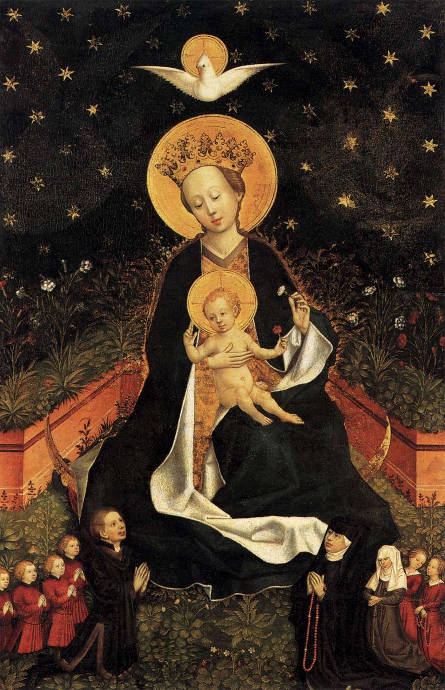 A woman with a halo and a dove above her head carrying an infant child with a halo surrounded by worshippers