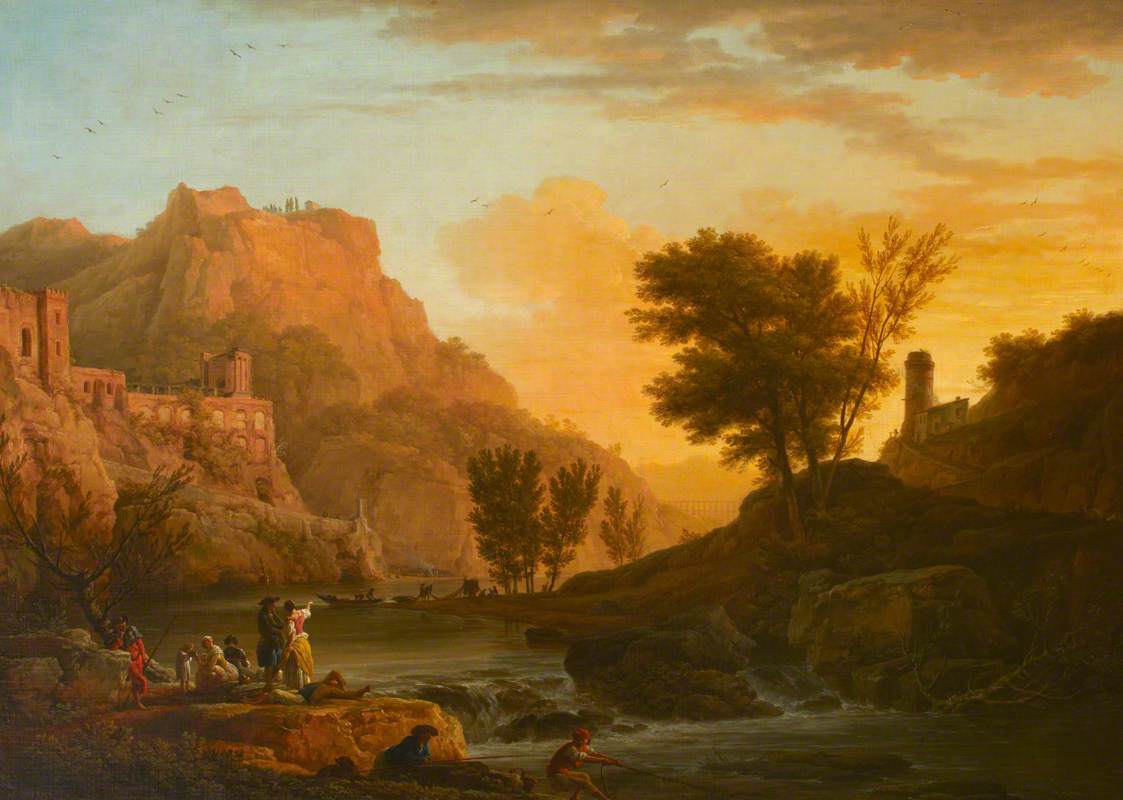 A mountainous landscape is seen with a glowing sun in the distance while people stand beside the shore on a cliff.