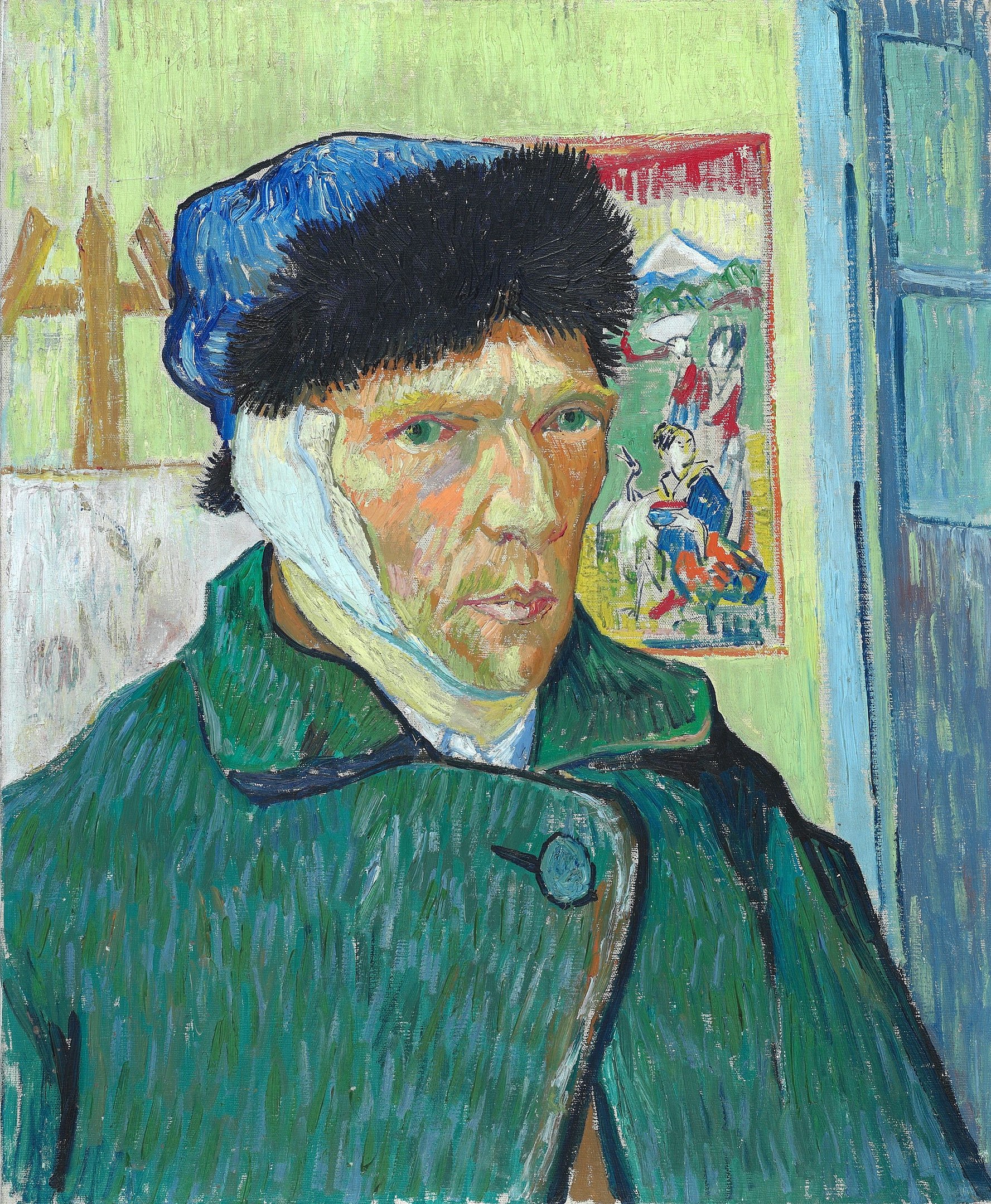 A portrait of a man with a bandaged ear in an artist's studio