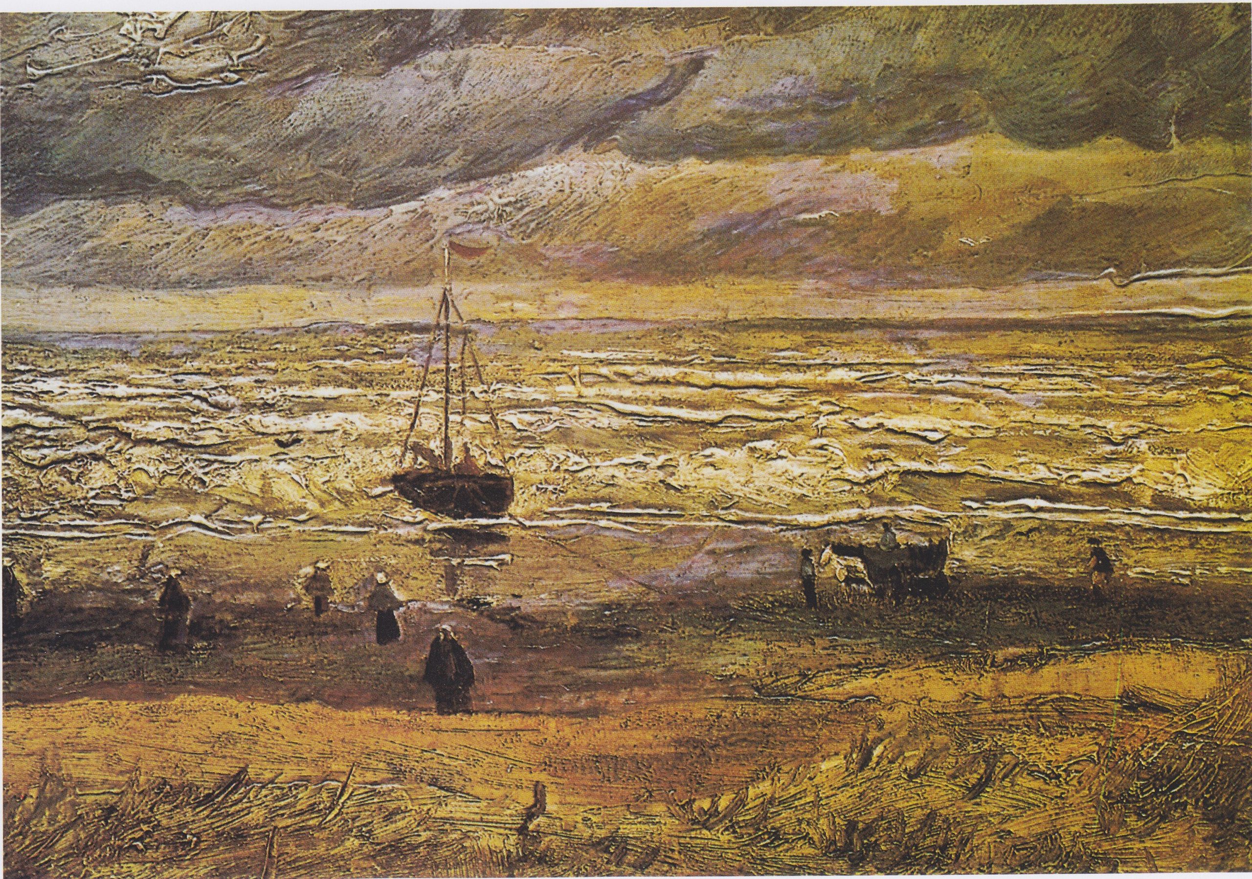 A landscape view of a beach with a boat on the shore