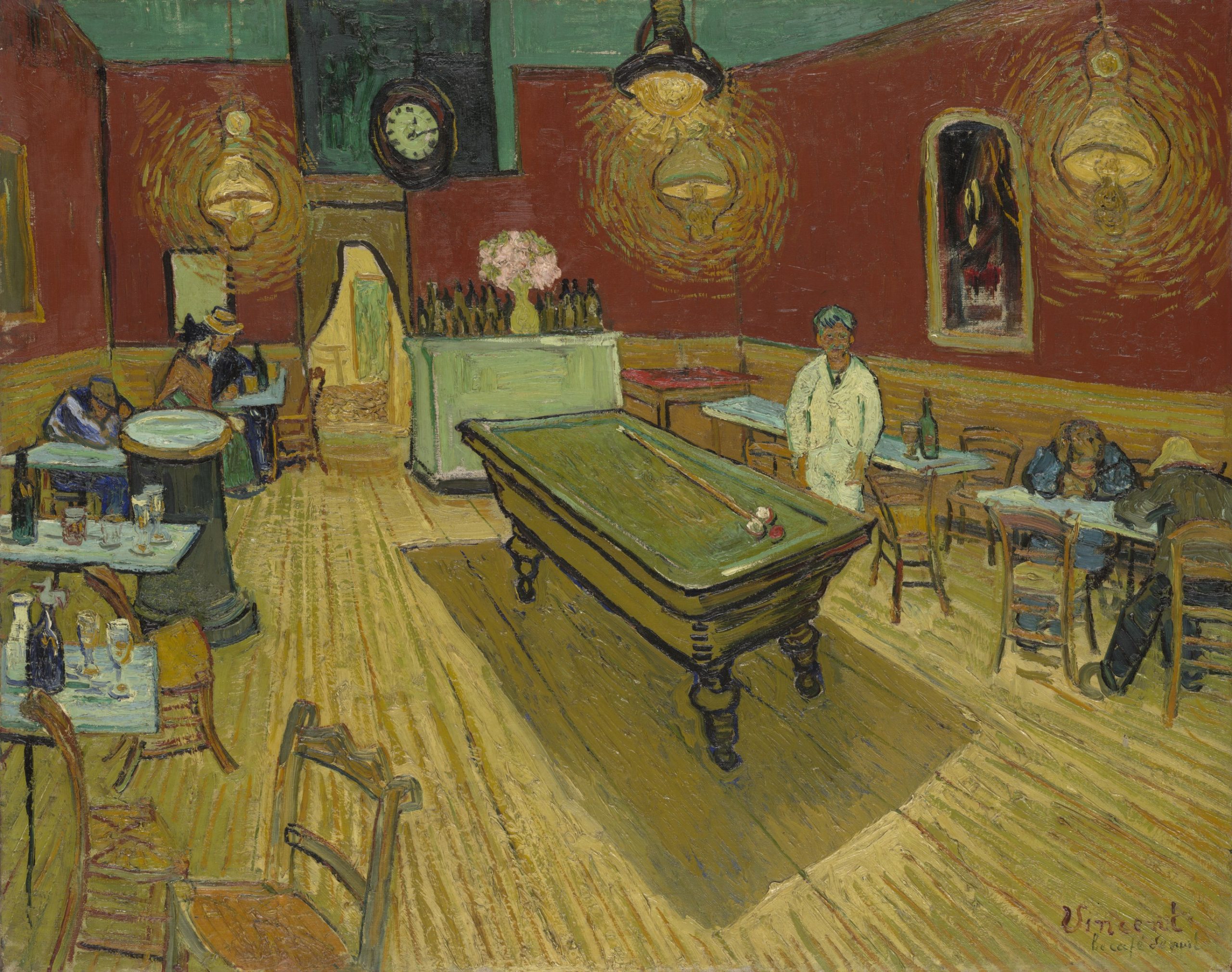 A view inside a café where a billiards table occupies the centre with townspeople seated at tables around it