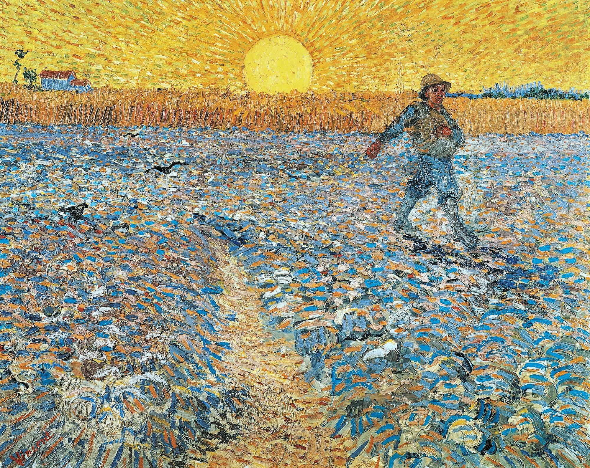 A farmer striding across a field with the sun in the background