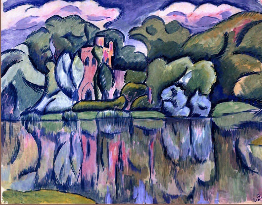 An abstract composition of a landscape with a lake