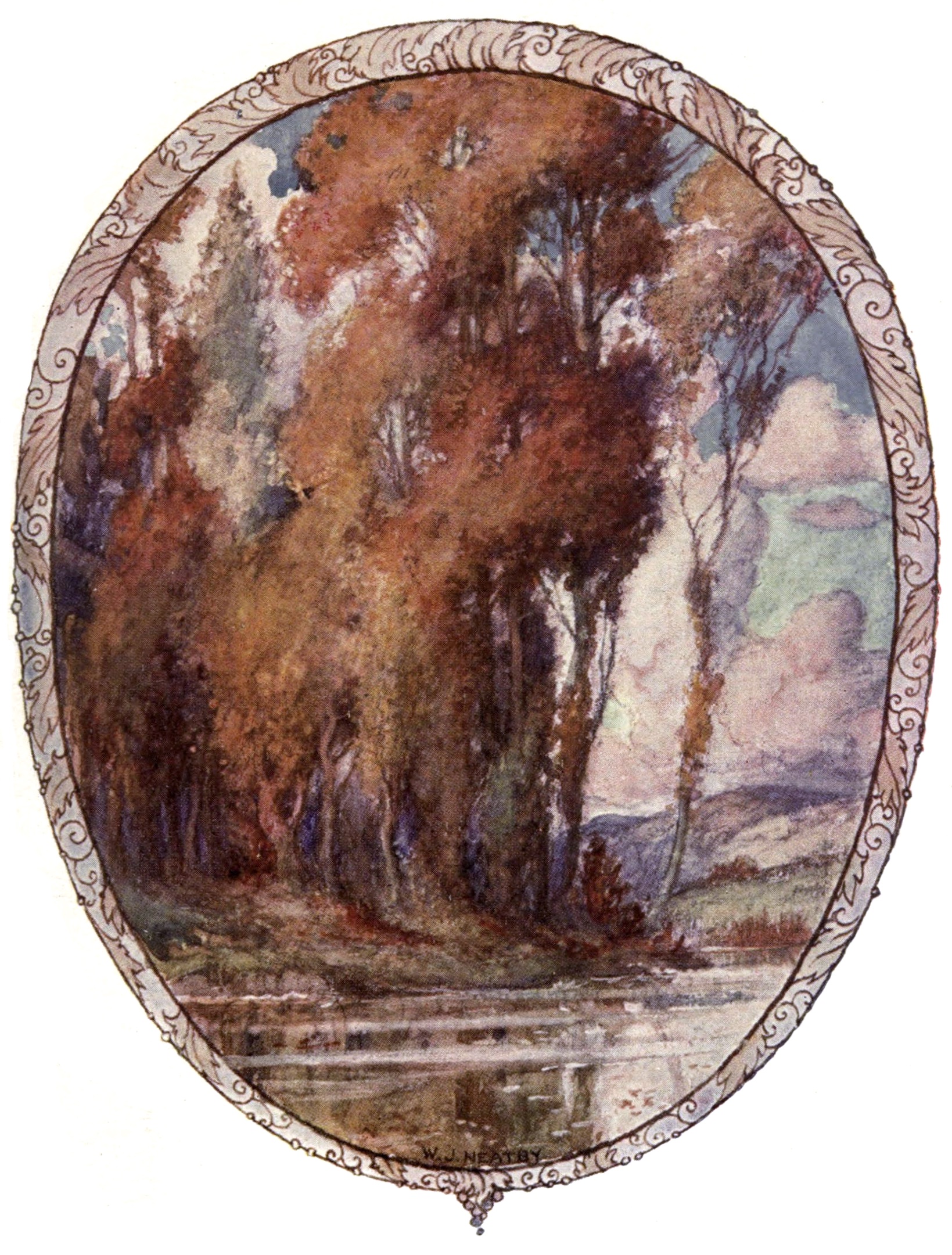An oval shape details the image of a calm river against the backdrop of autumnal trees.