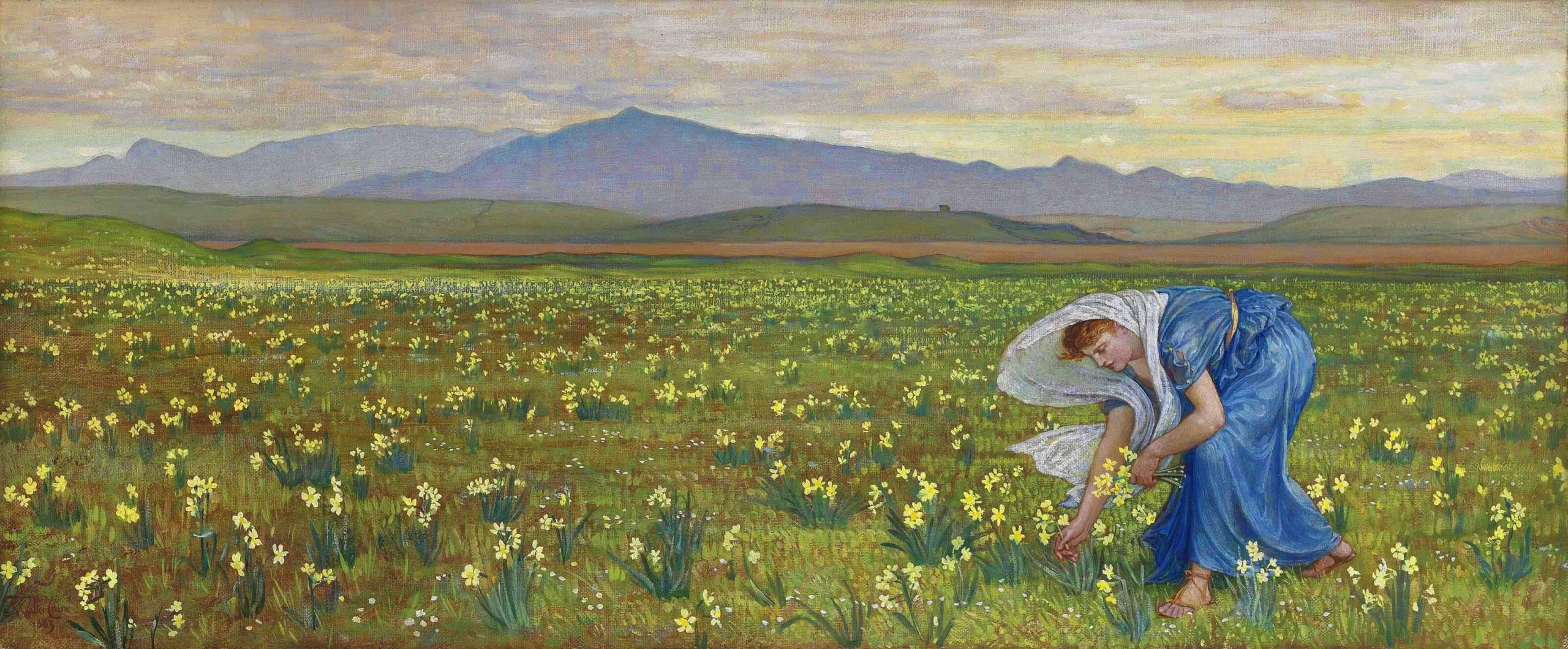 A woman plucking flowers alone in a meadow