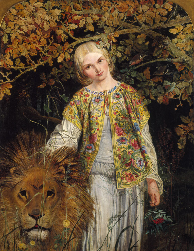 A young girl standing underneath a tree with a lion at her side