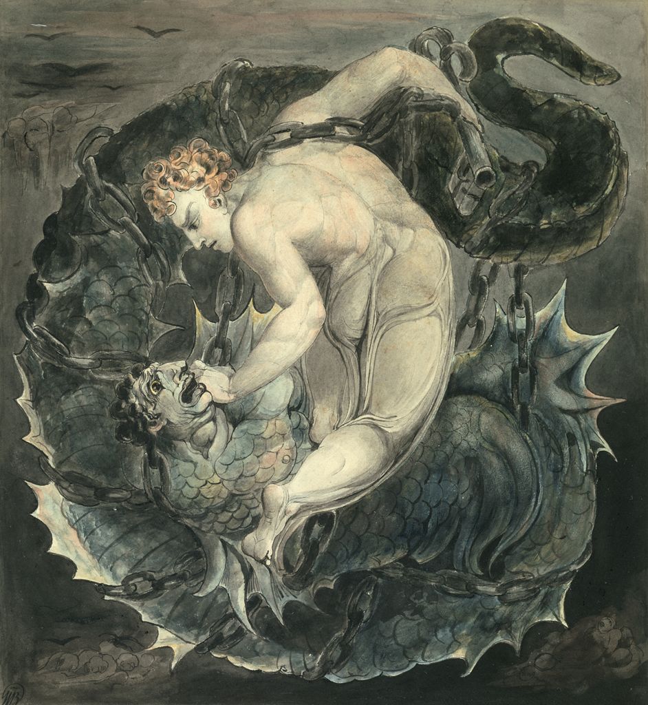 A nude man holding a giant key battles a frightened beast wrapped in chains