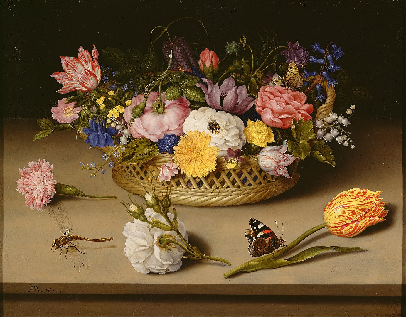 A basket of flowers on a table with insects