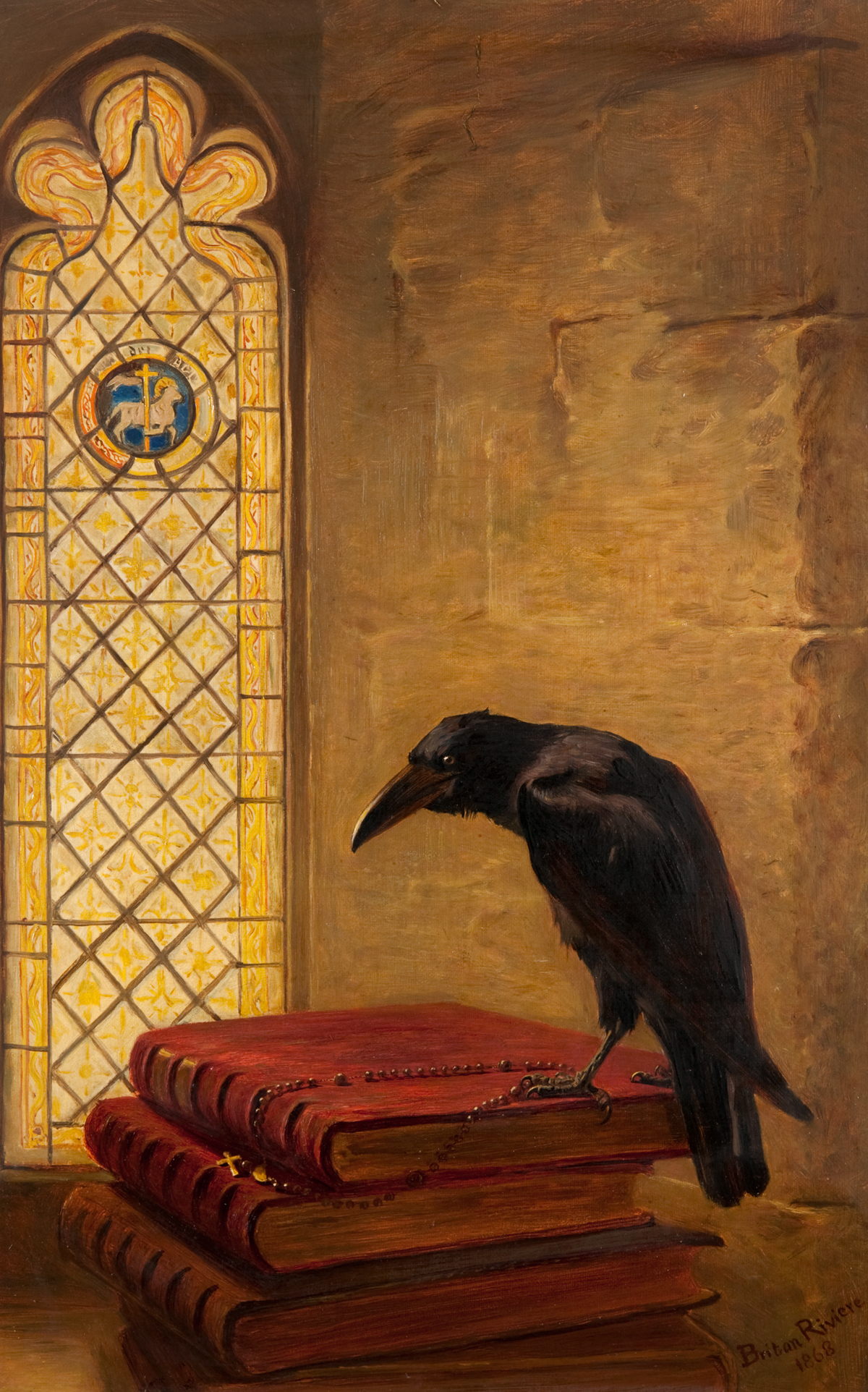 A crow perched on a pile of three books before a cathedral window