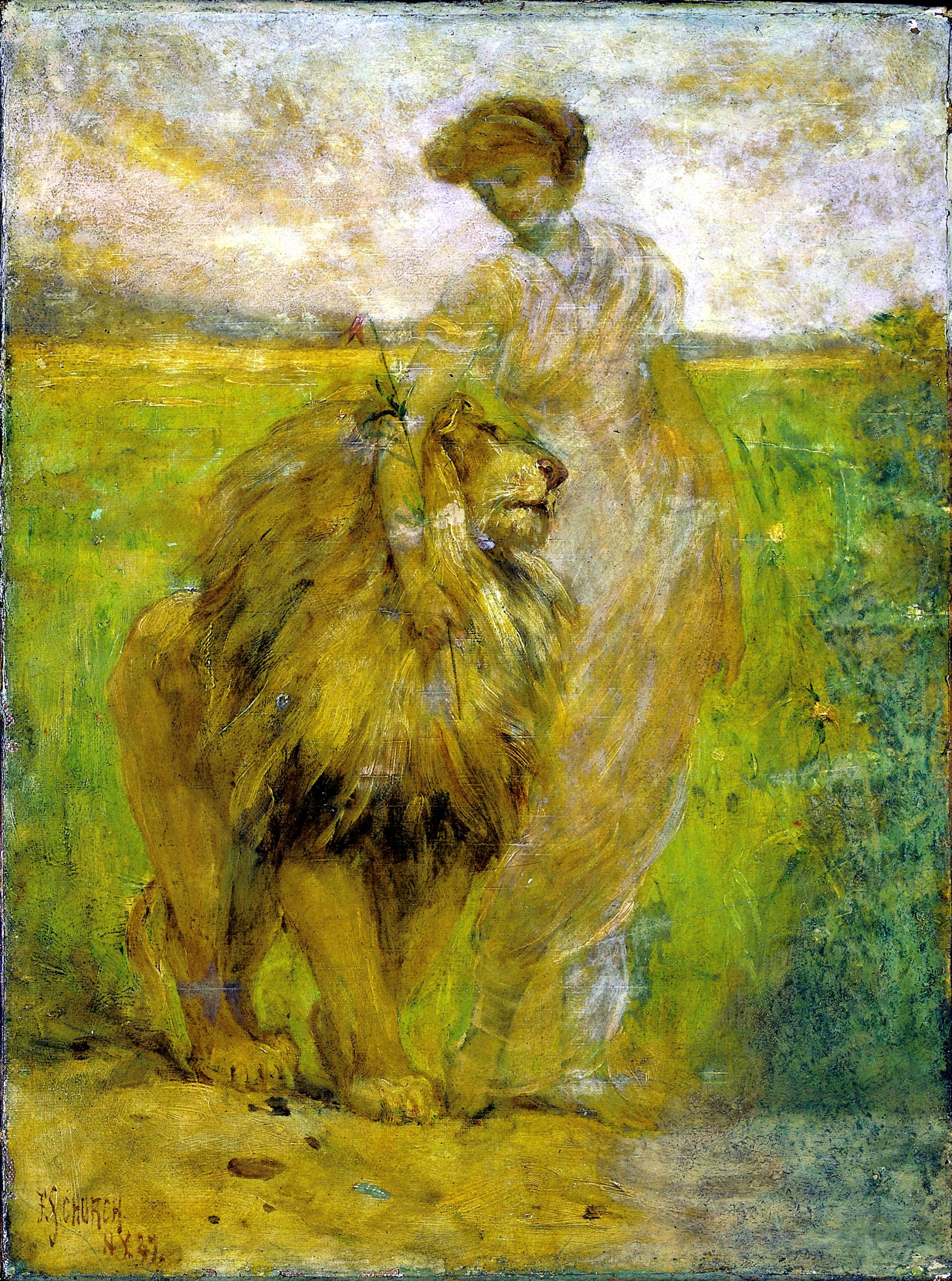 A young woman rests her hand on the side of a lion's head as they both walk through an abstract grassy landscape.