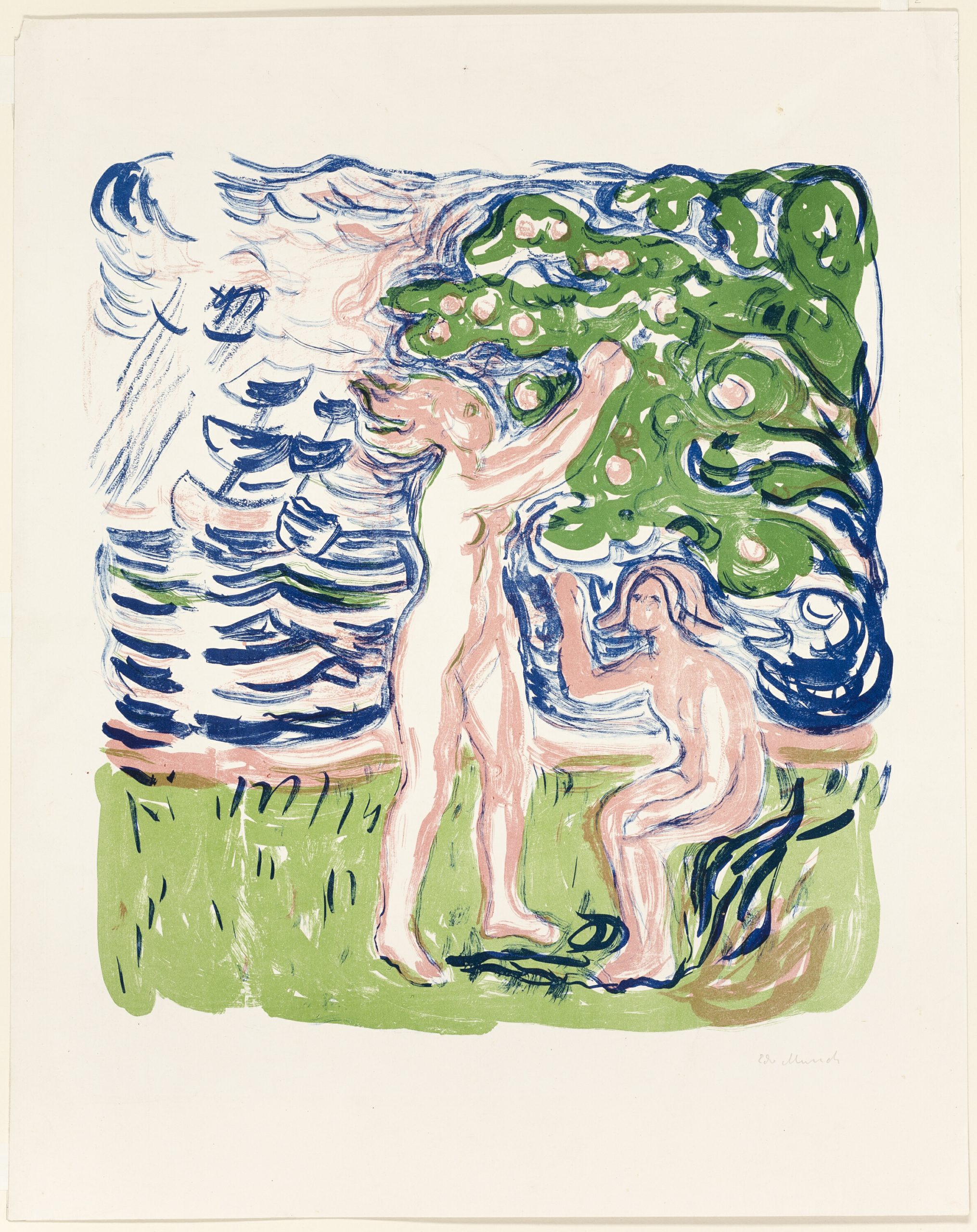 An abstract composition of a woman picking fruits from a tree where a figure is seated below