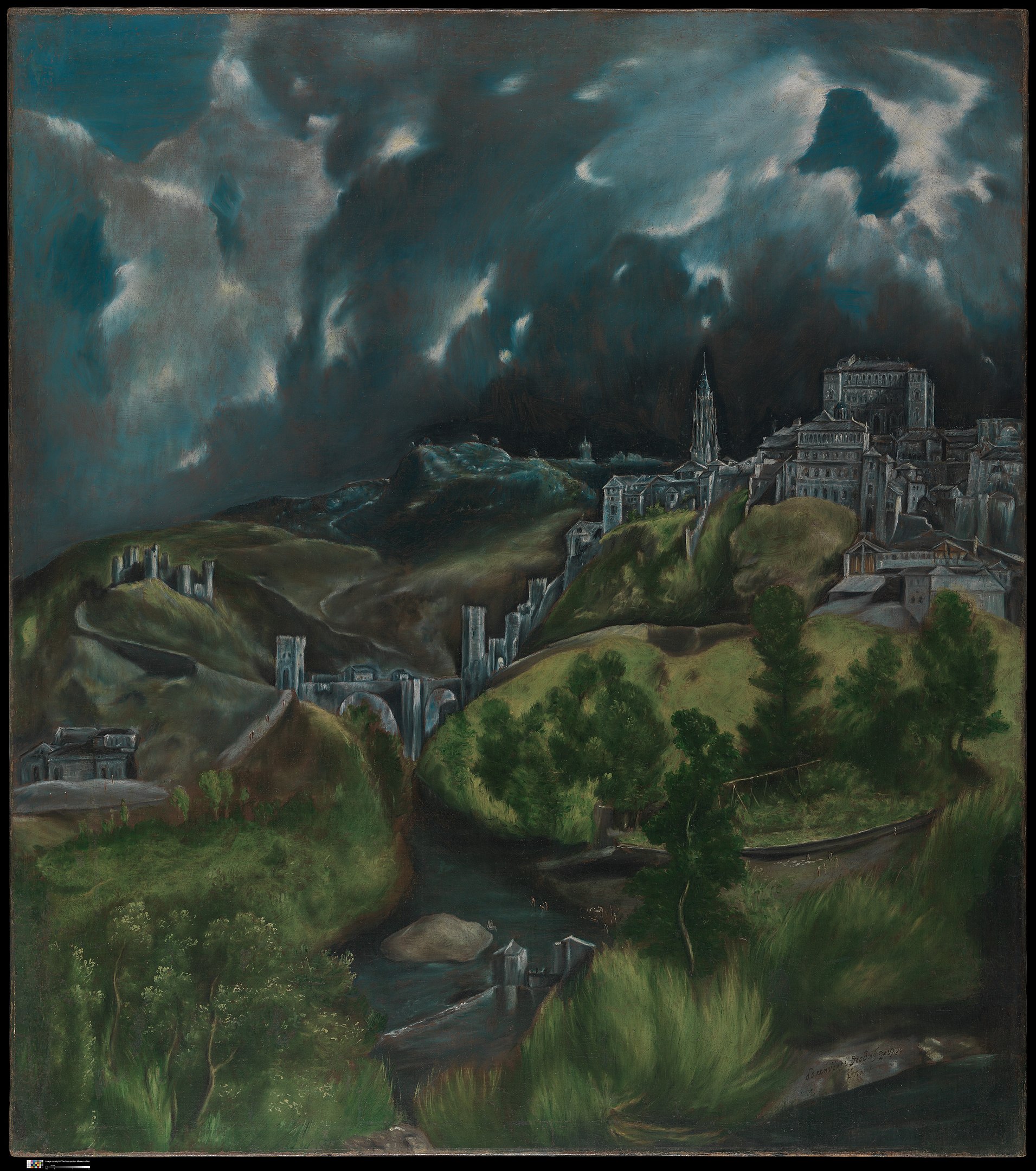 A landscape view of a city with a storm brewing in the sky