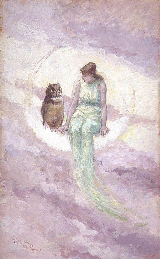 A woman sitting beside an owl on a crescent moon during a cloudy night