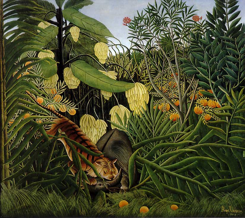 A painting illustrating the image of a tiger who hunts a buffalo in the middle of a lush forest.