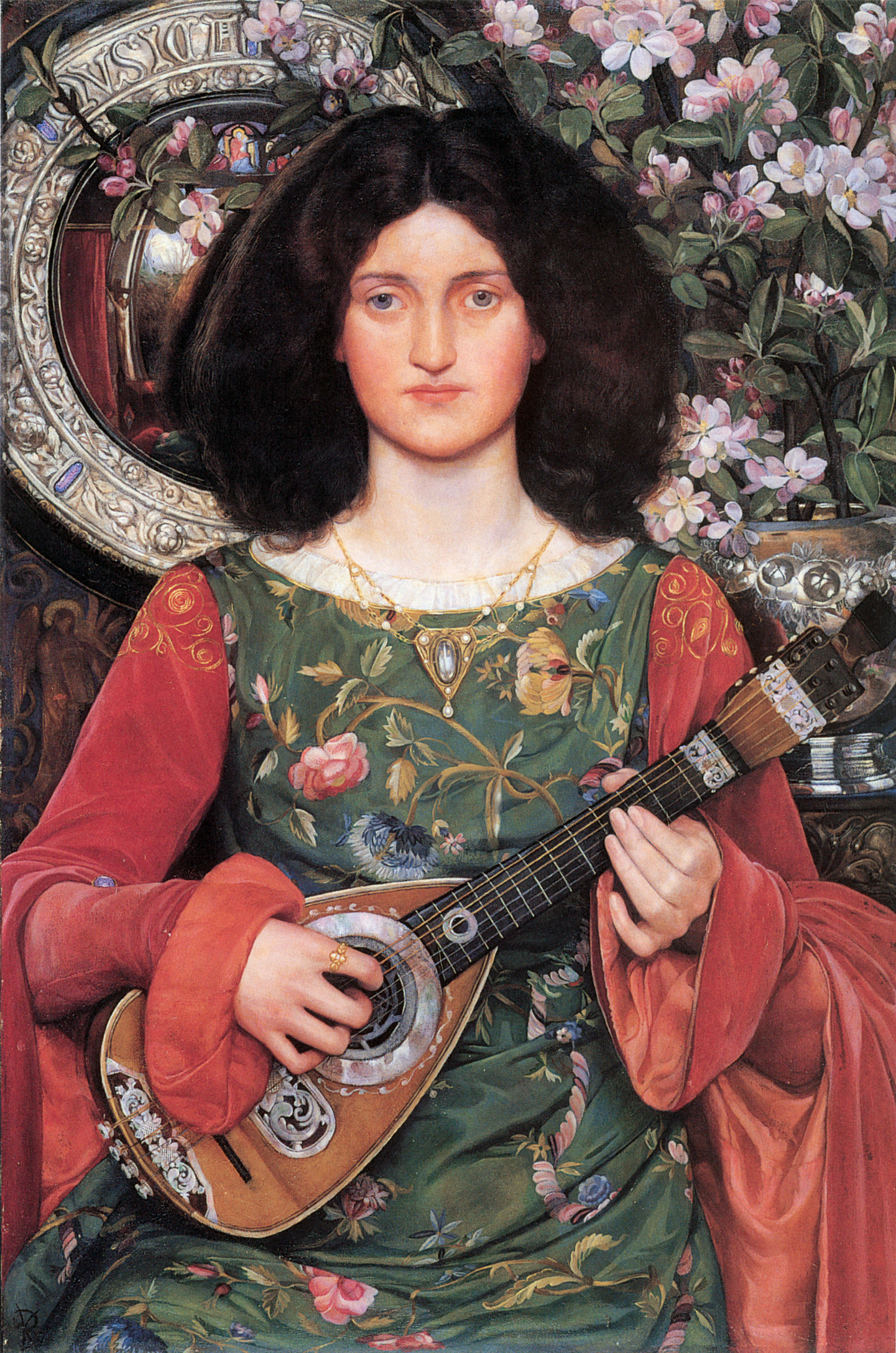 A woman playing a stringed instrument with a mirror and a vase of flowers behind her