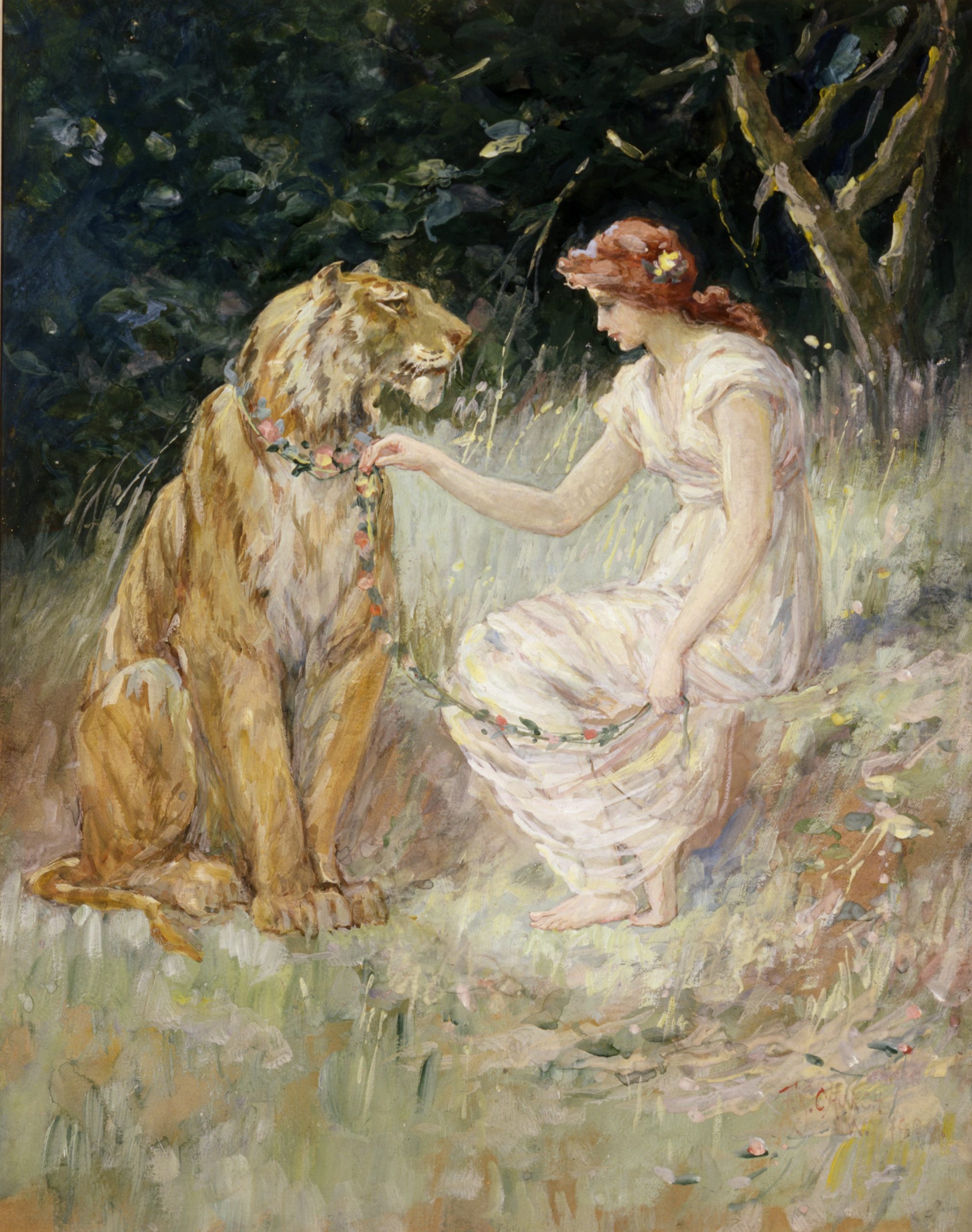 A woman kneels in a grassy meadow next to a tiger, placing her right hand on the tiger's chin.