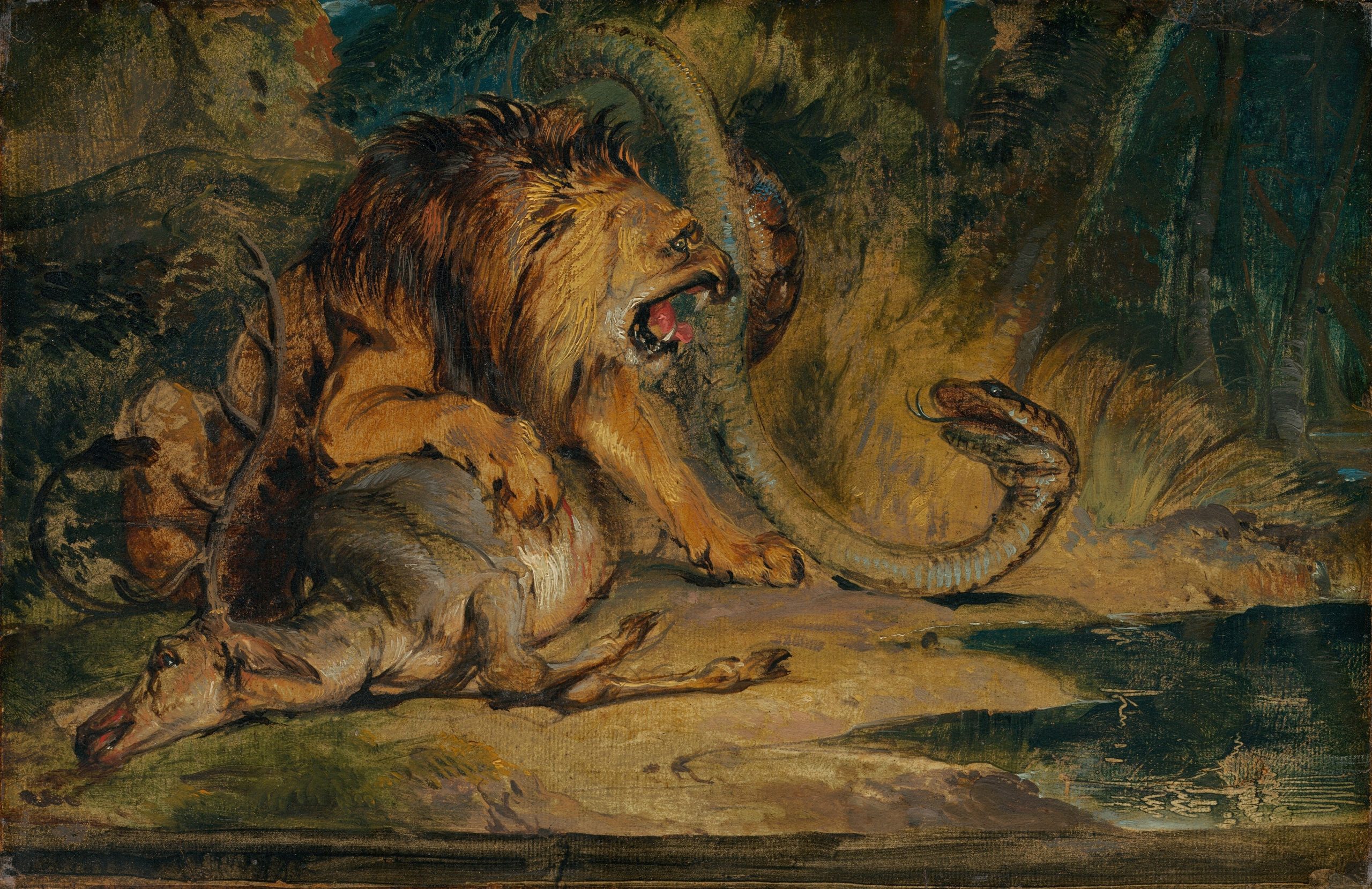 A lion viciously attacks a snake in the night under a shadowed sky.