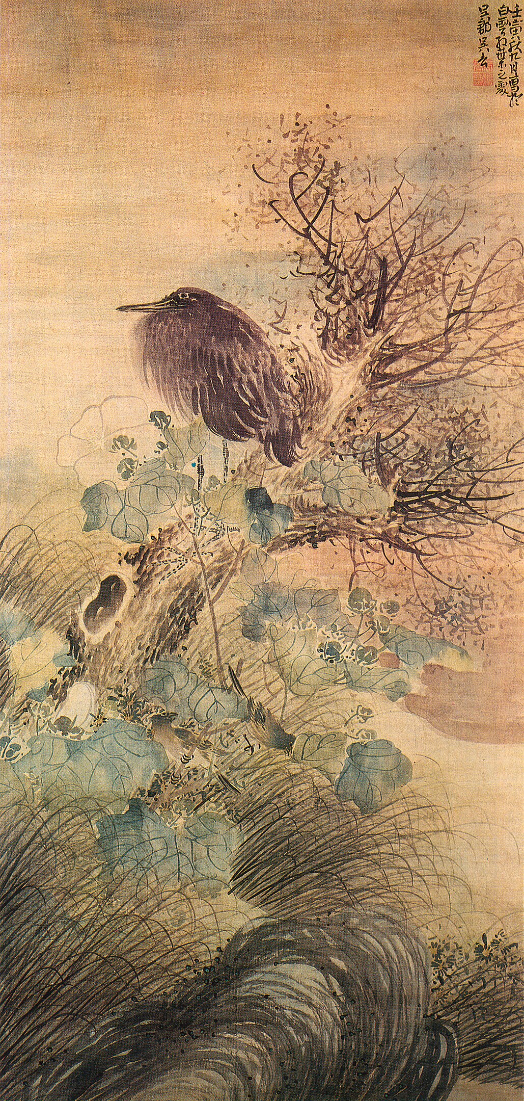 A bird perched on a slanted tree with flowers blooming along its side and on the ground