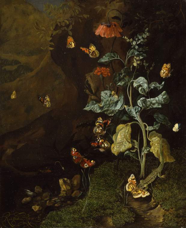 A still-life with flowers, butterflies and a lizard in a dell