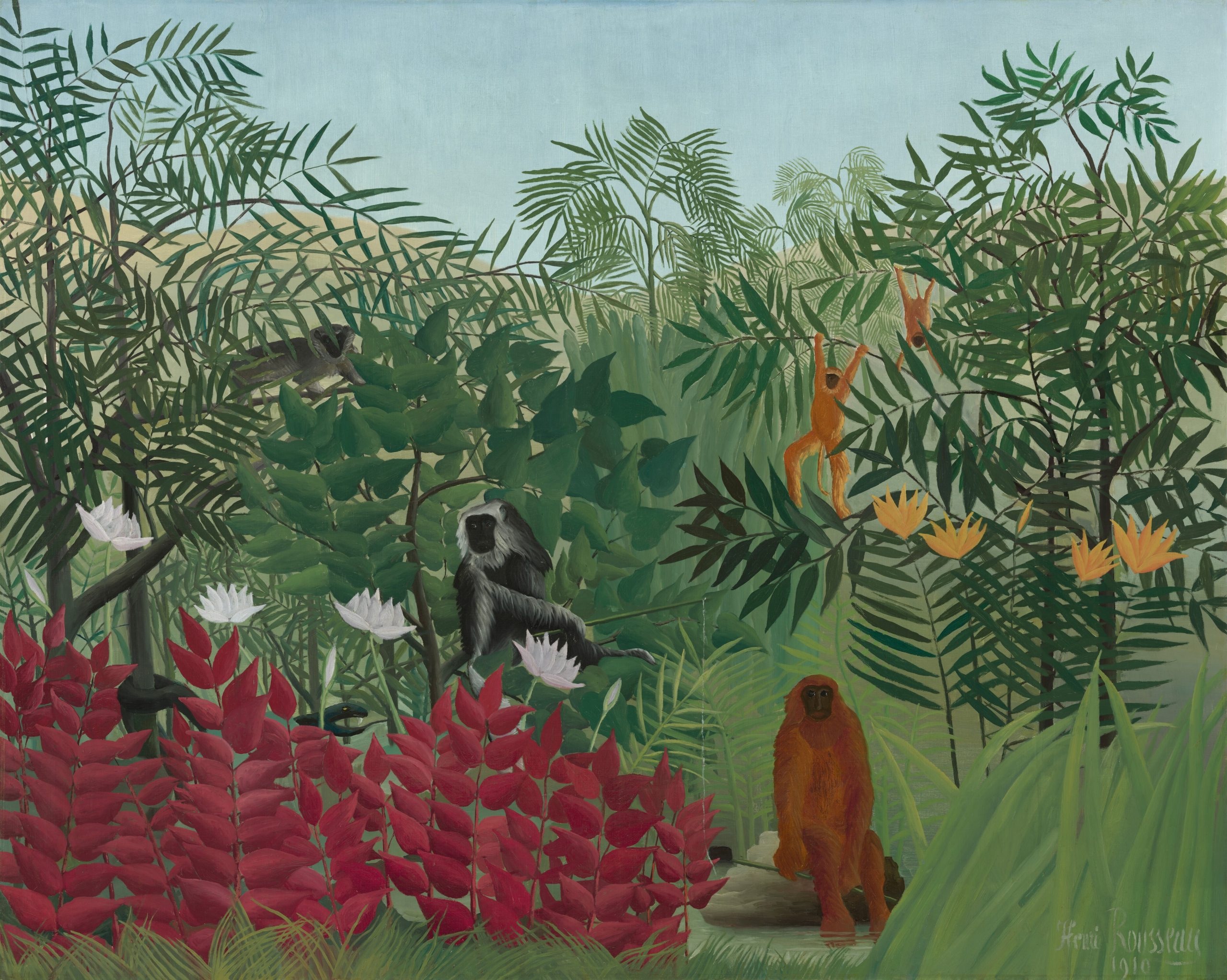 An abstract painting illustrates the image of monkeys playing in a colourful forest.