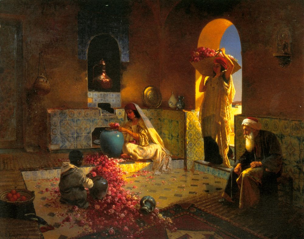 A woman carrying a basket of flowers standing at the doorway of a dim room in which two figures each with a vase sit amongst a pile of flowers as a bearded man sits quietly in the corner