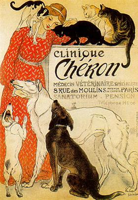 An advertisement illustration depicts the image of a young lady who stands with several cats and dogs surrounding her legs and arms.