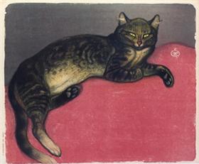 A cartoon image of a cat reclines on a surface.