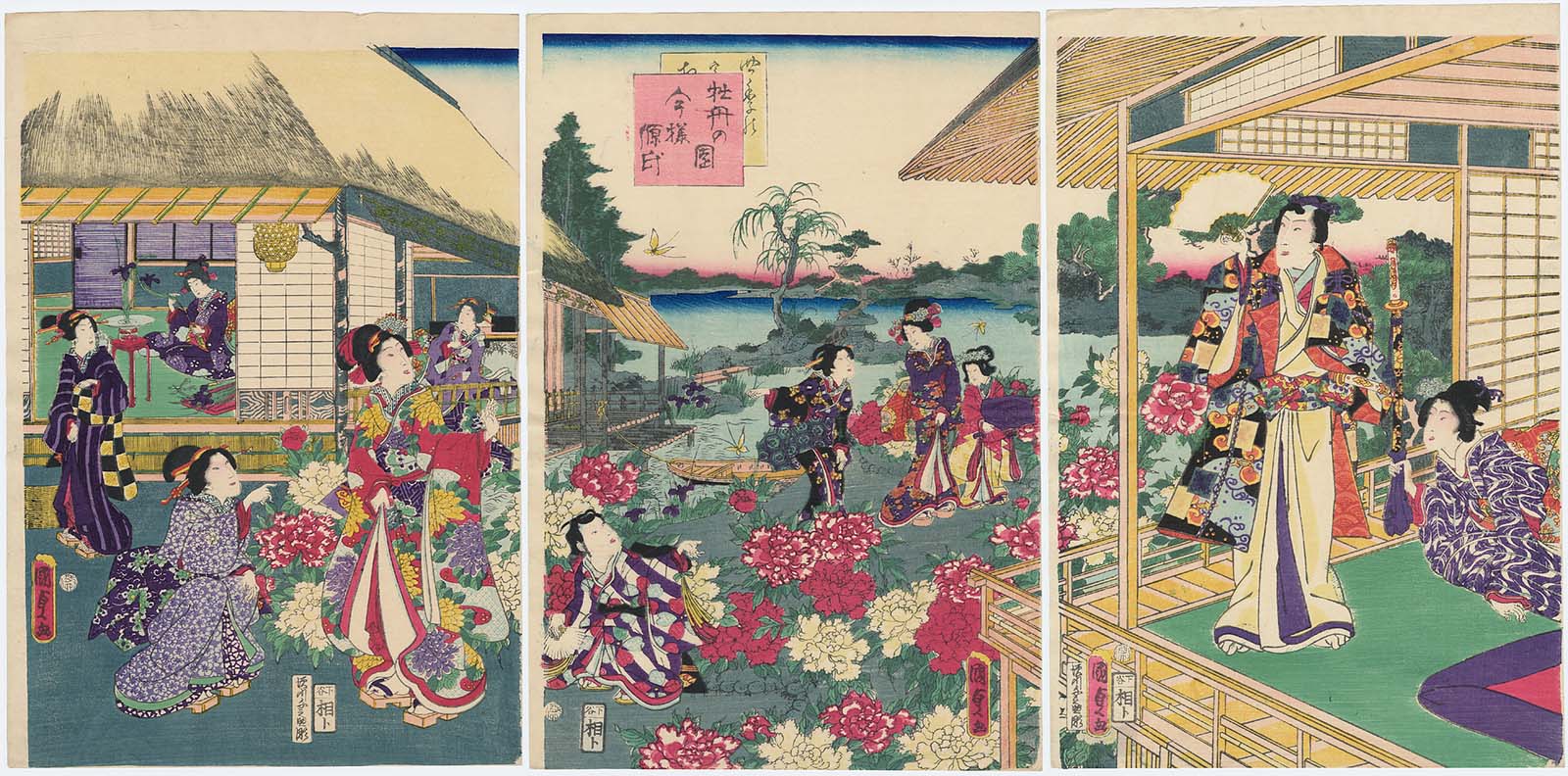 Figures in a vibrant peony garden at a village by a lake