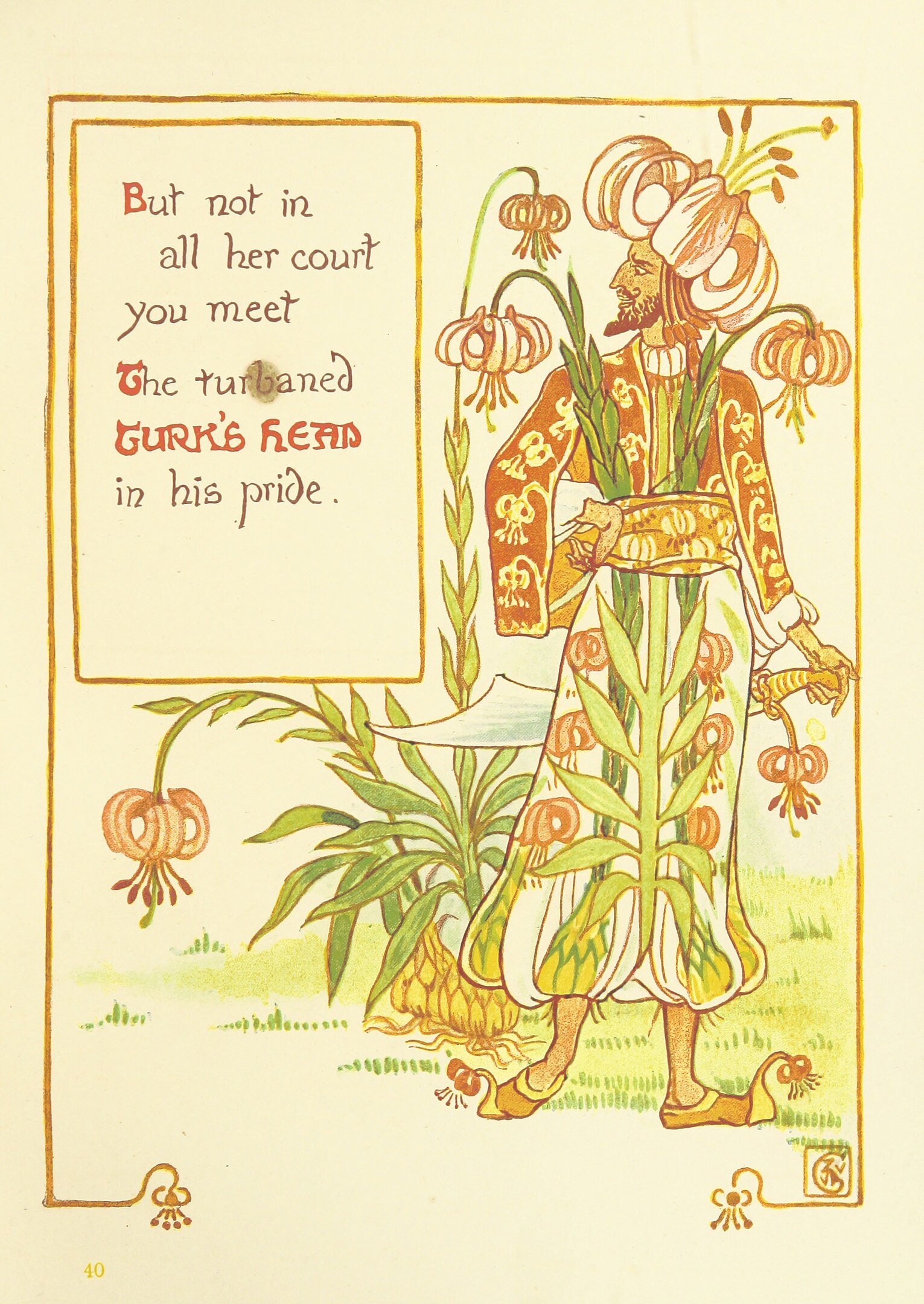 An illustration of a man dressed like a flower standing on grass