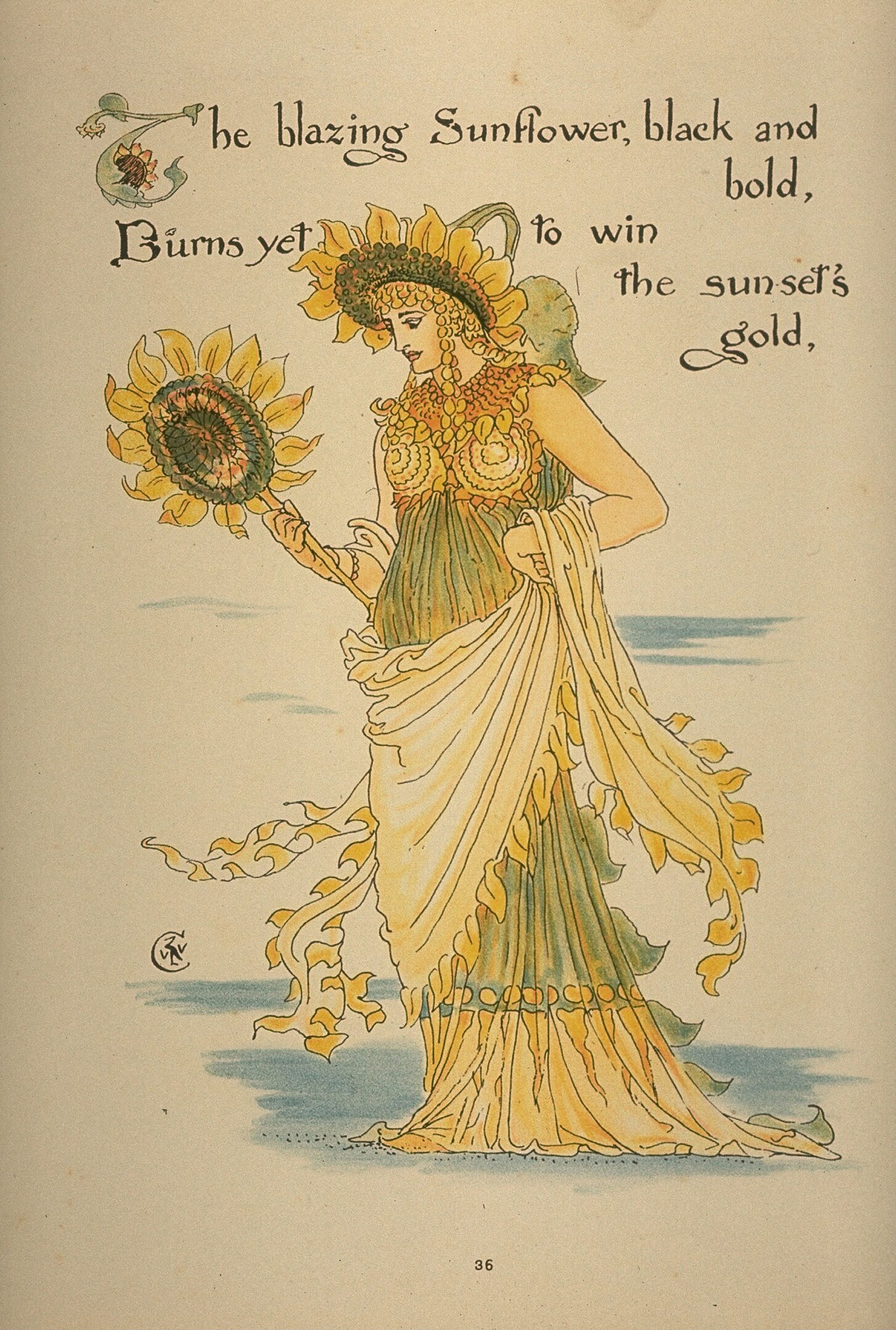A woman dressed like a sunflower with the text "The blazing sunflower, black and bold, burns yet to win the sunset's gold," around her
