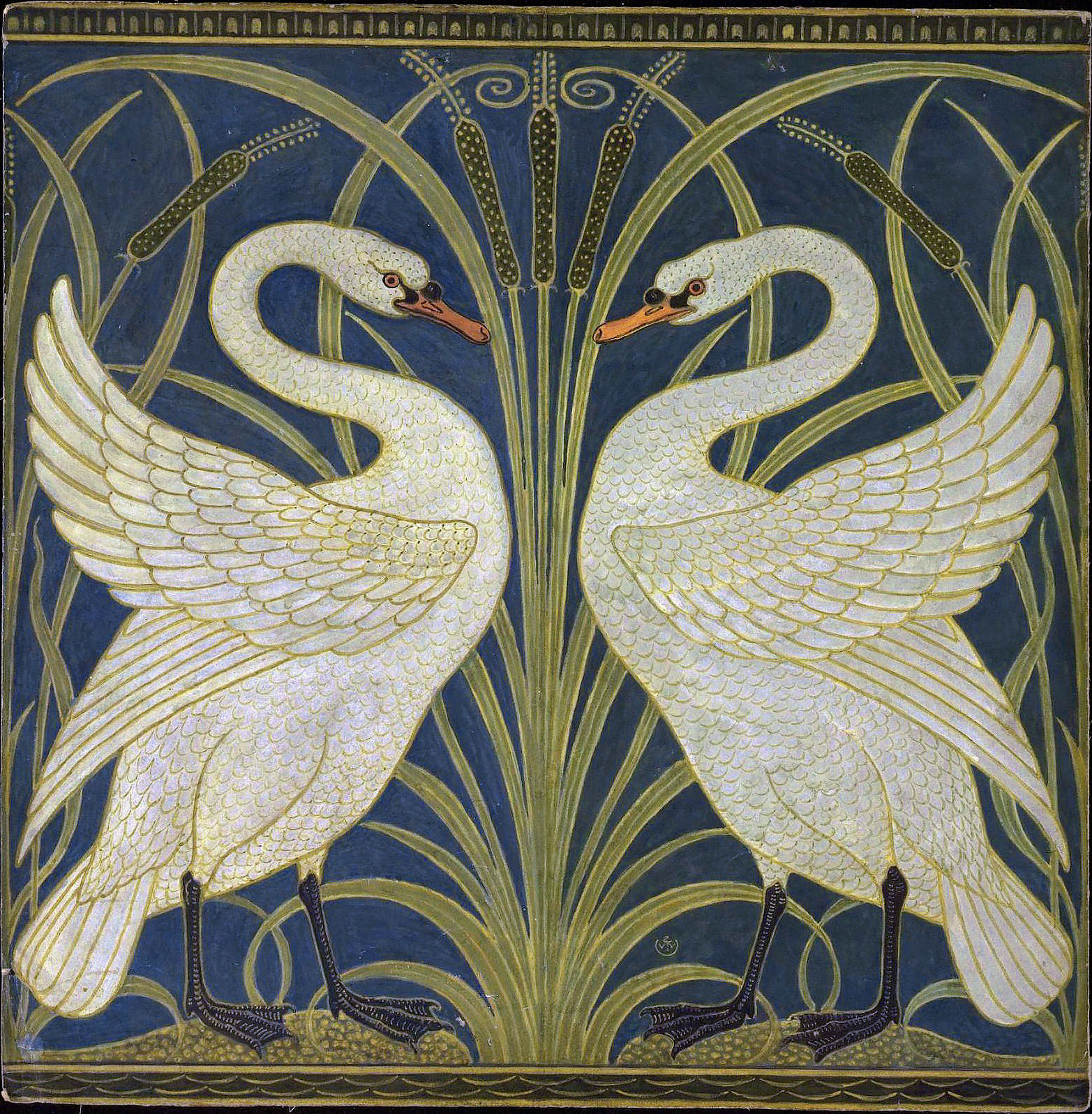 A symmetrical painting of two swan facing each other with iris and tall grass behind them