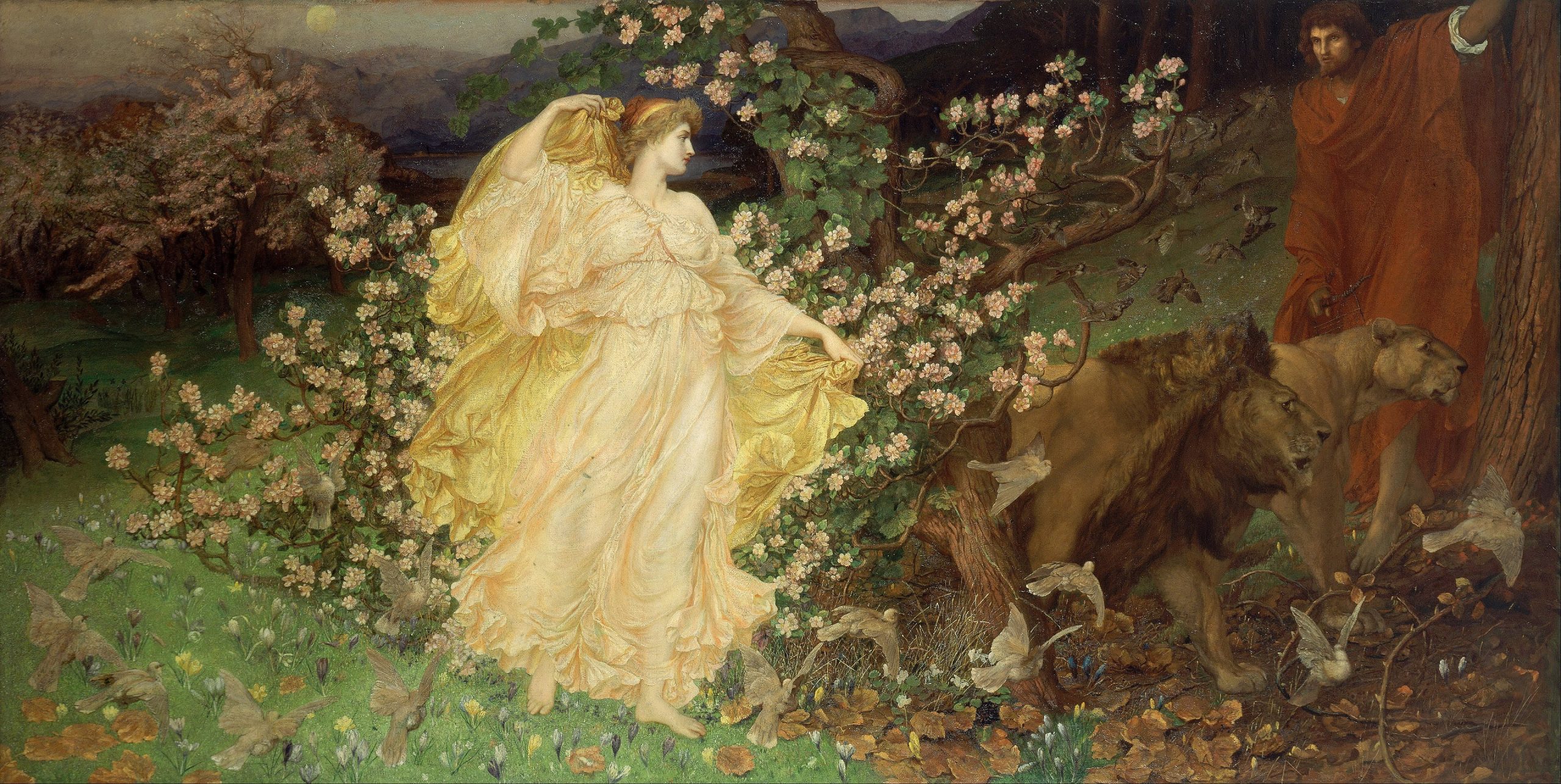 A goddess surrounded by flowers approaches a man behind a lion and lioness in a forest