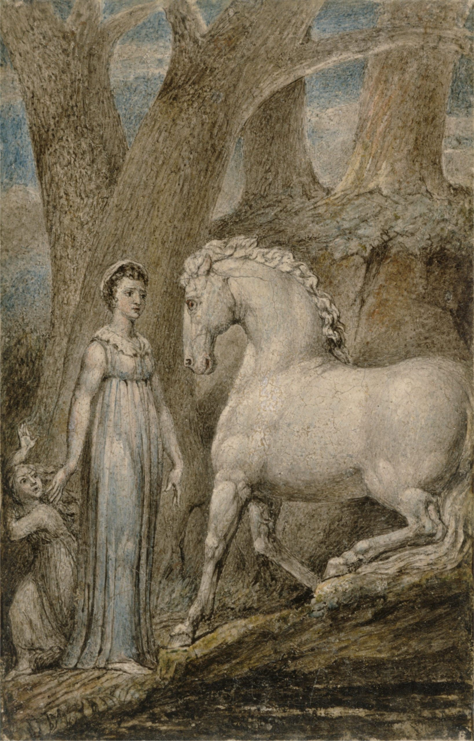 A young woman faces a horse while shielding a young girl in a forest setting.