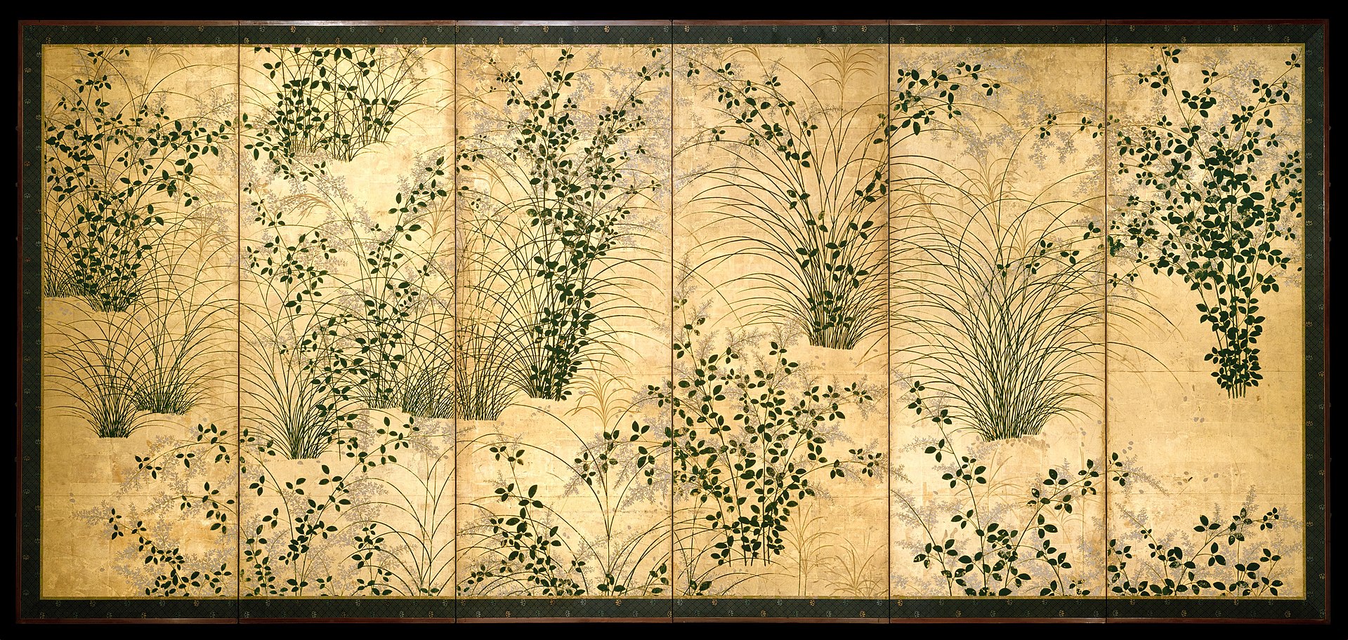 Six-panel folding screens depicting a desert field of grass and flowering shrubs