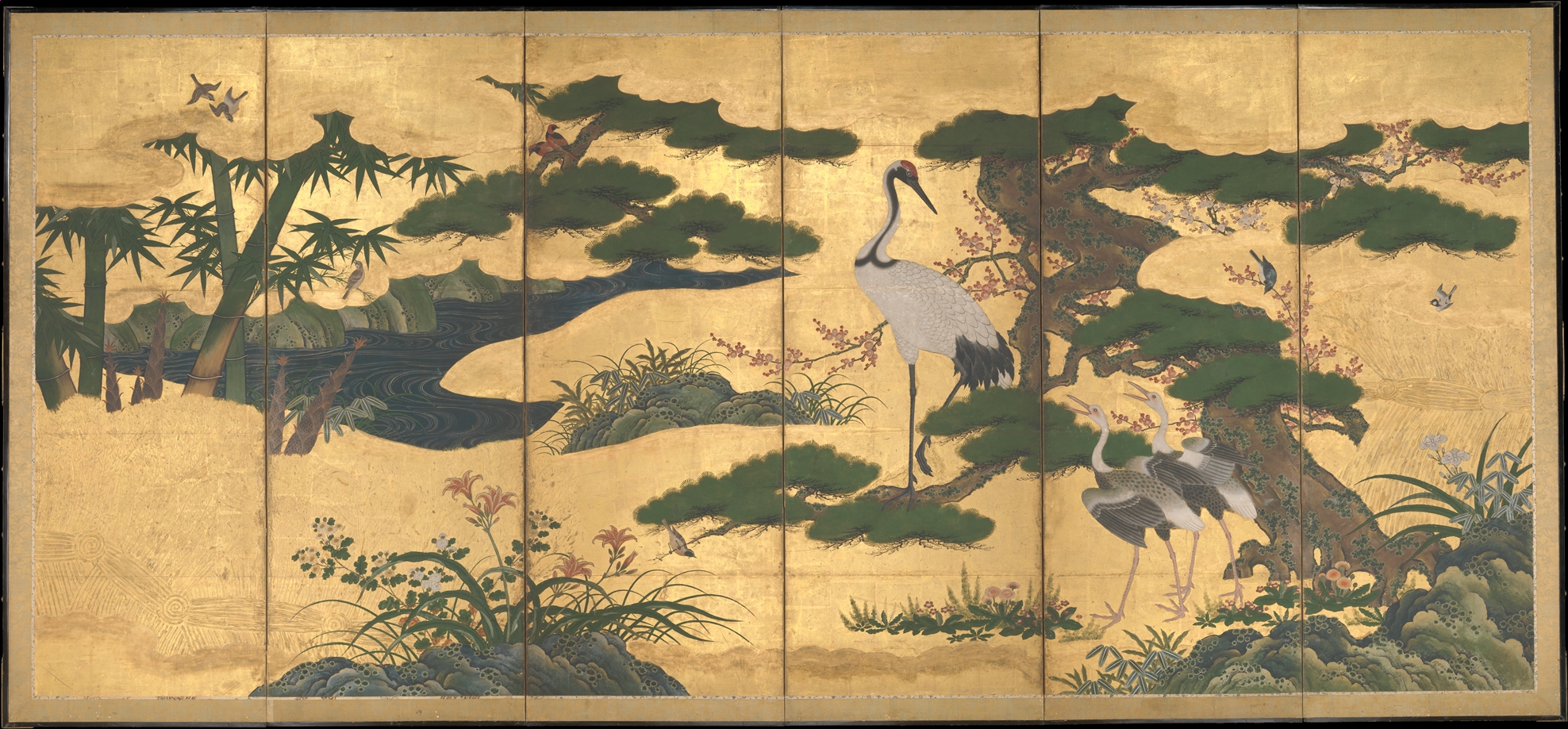 Six-panel folding screens depicting cranes and other birds in a forest landscape