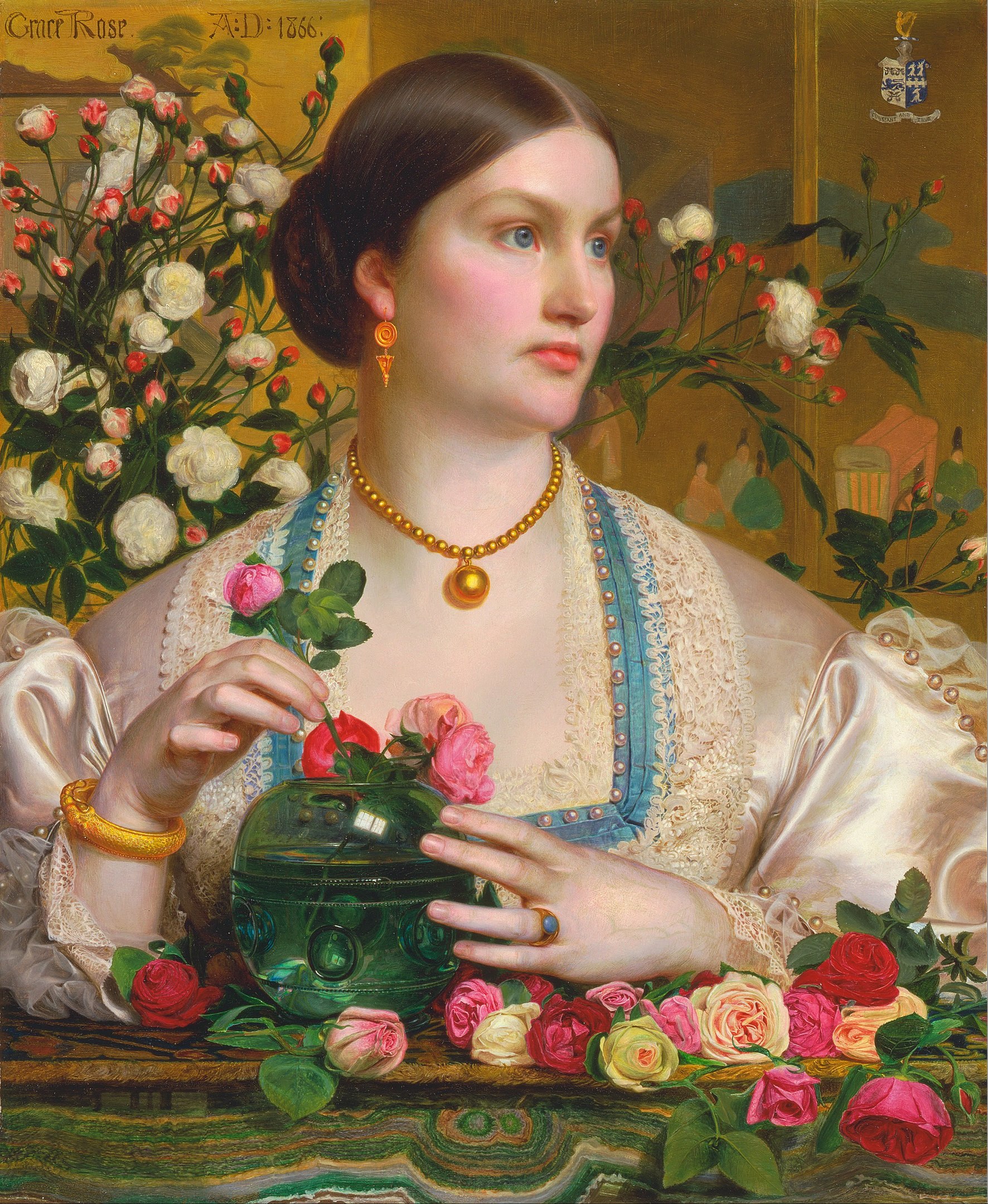 A portrait of a woman surrounded by roses