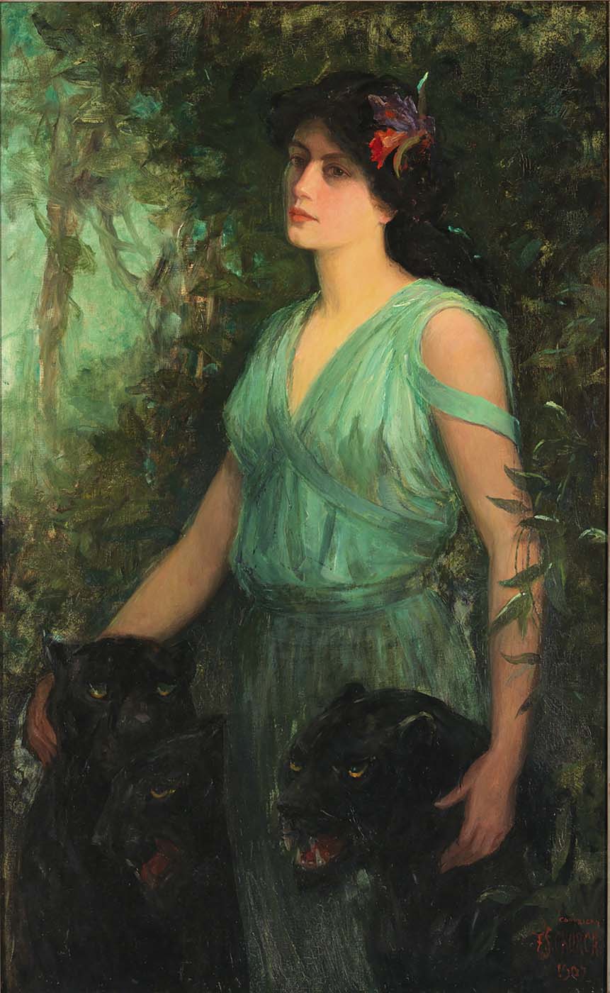 A woman under a tree with three black pumas at her side