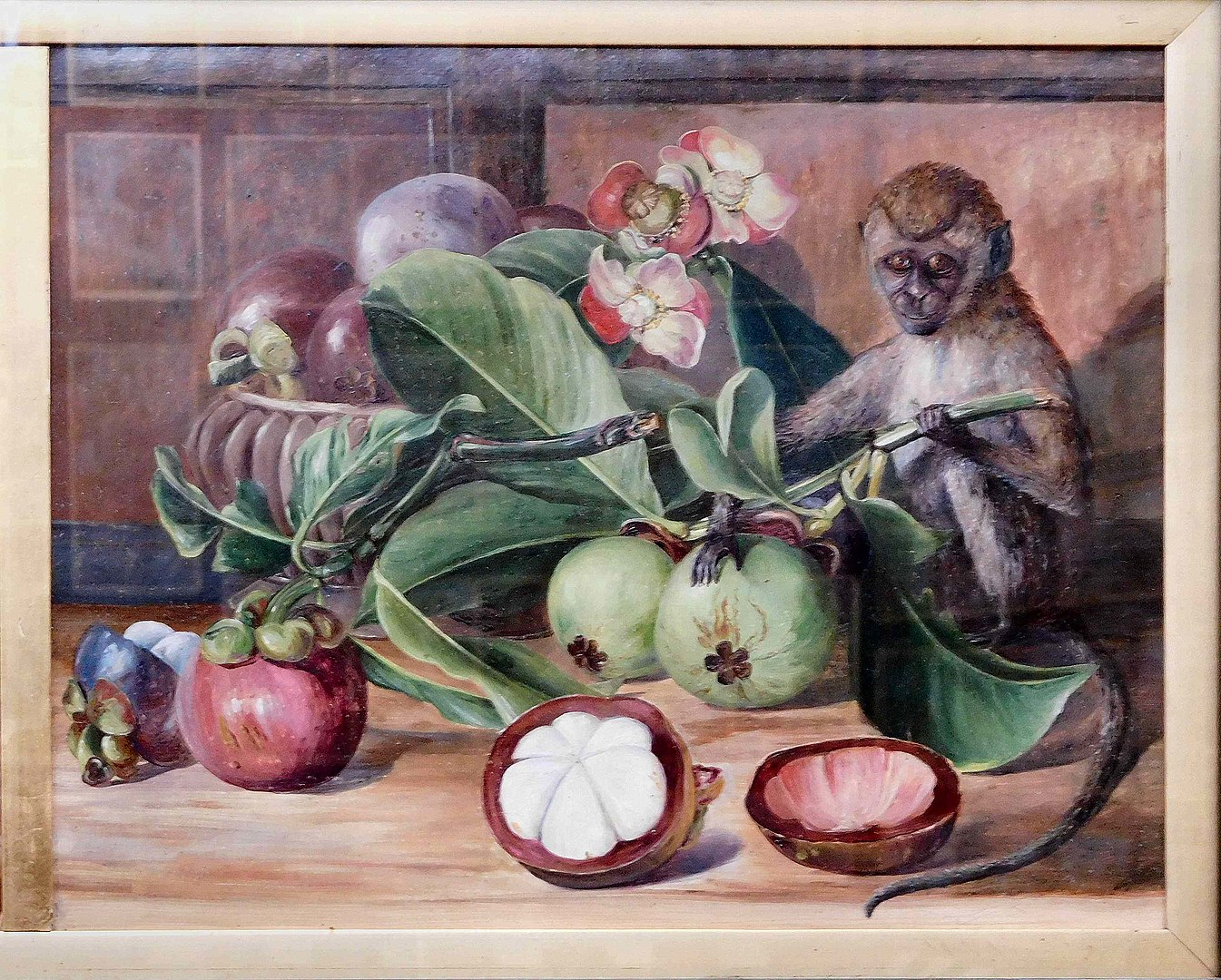 A still-life with various flowers, fruit, and a monkey