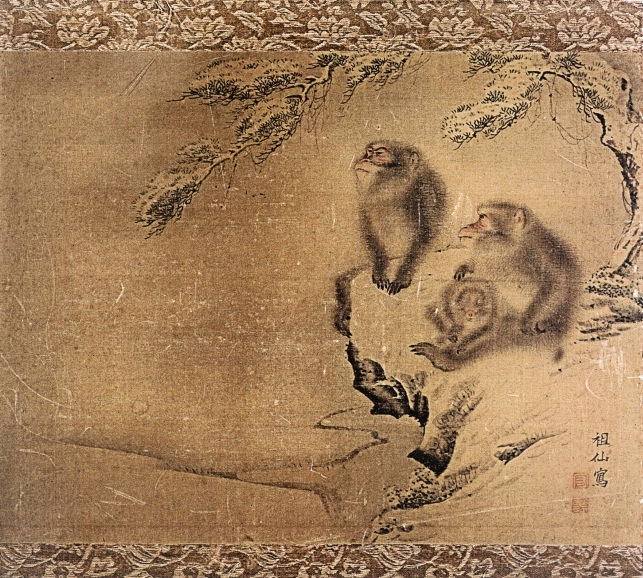 A silk painting of two monkeys in the snow