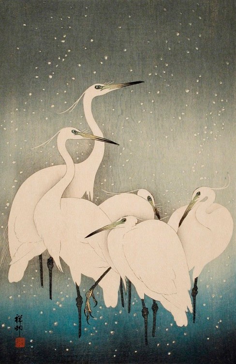 Heron in the Snow, c. 1925 by Ohara Koson. Fine Art Reproduction.