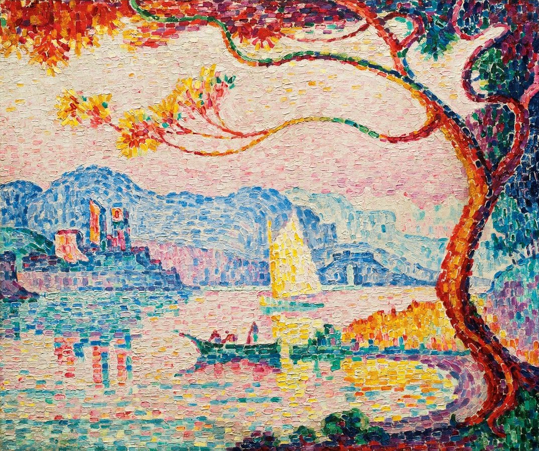 An abstract depiction of a port with a tree in the foreground