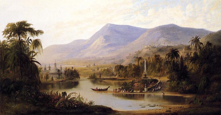 A landscape view of a valley with a lake