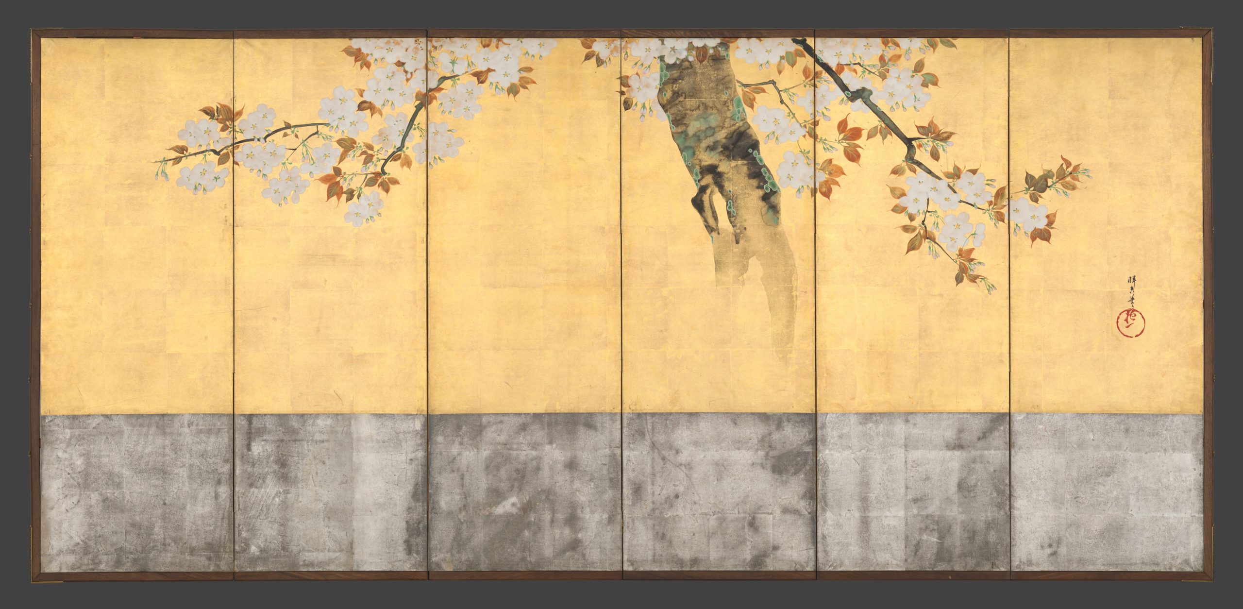 Six-panel folding screens featuring the bottom half of a blossoming cherry tree