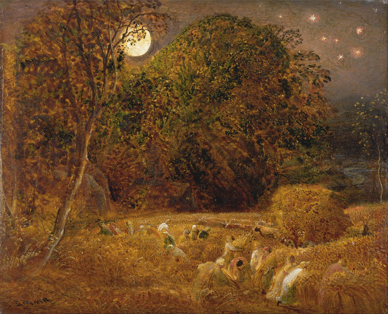 A landscape view of a farm beside a forest during a full moon with farmers below