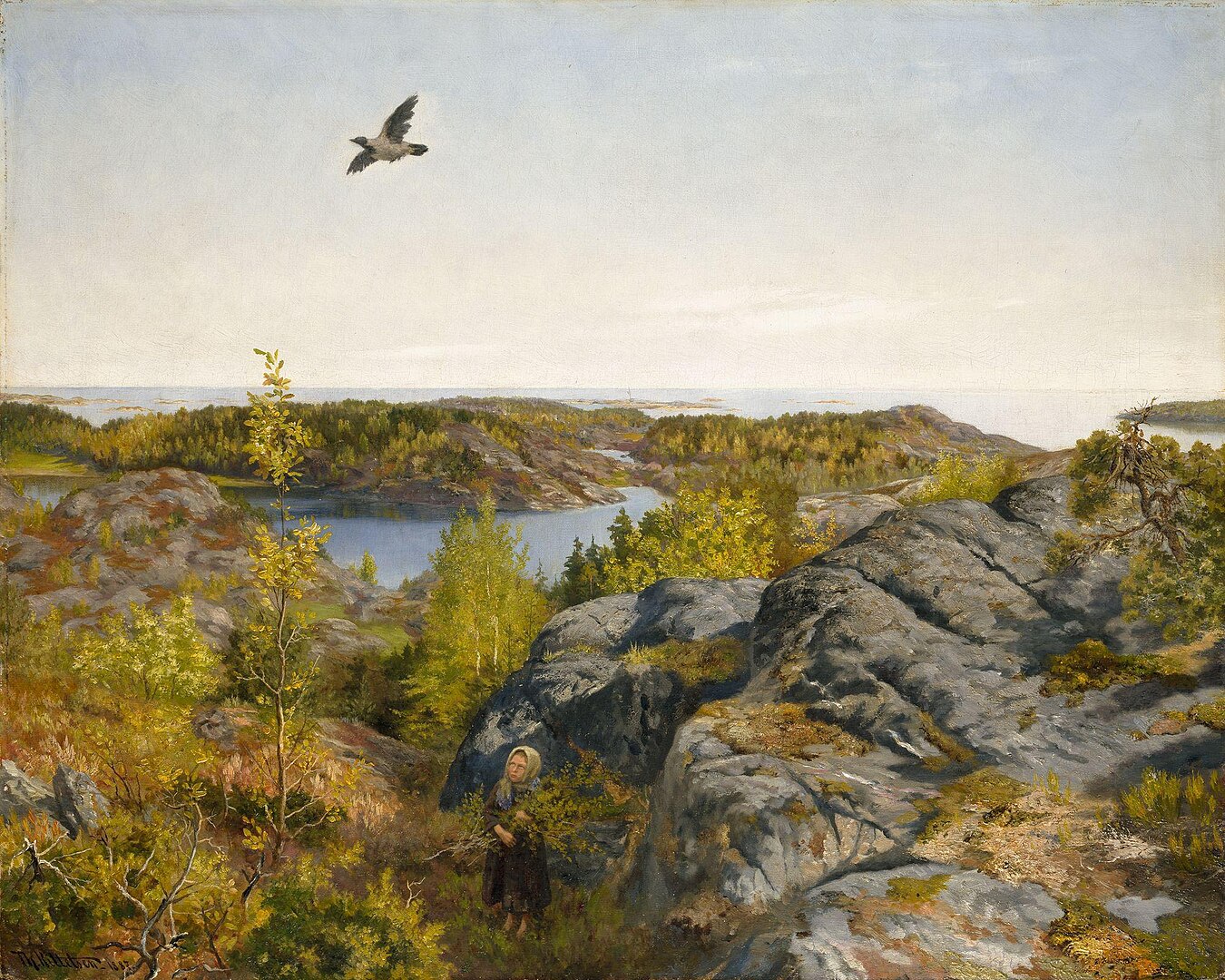A landscape view of forests and mountains as a lone bird flies in the sky