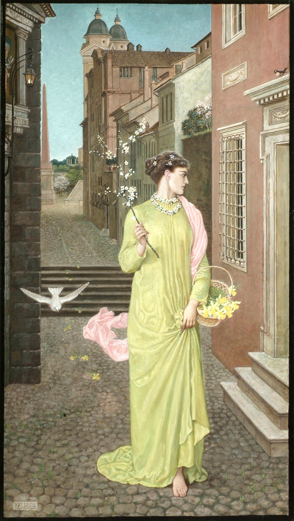 A woman carrying a flower basket walks barefoot along a narrow alleyway and gazes to her left as a dove flies to her right