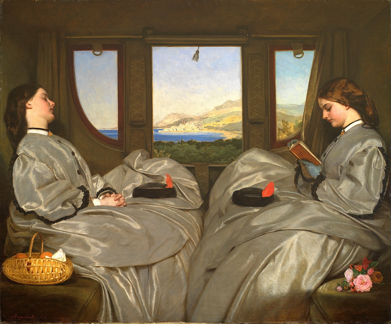 Two girls in dresses sitting across from each other in facing train seats with a window between them