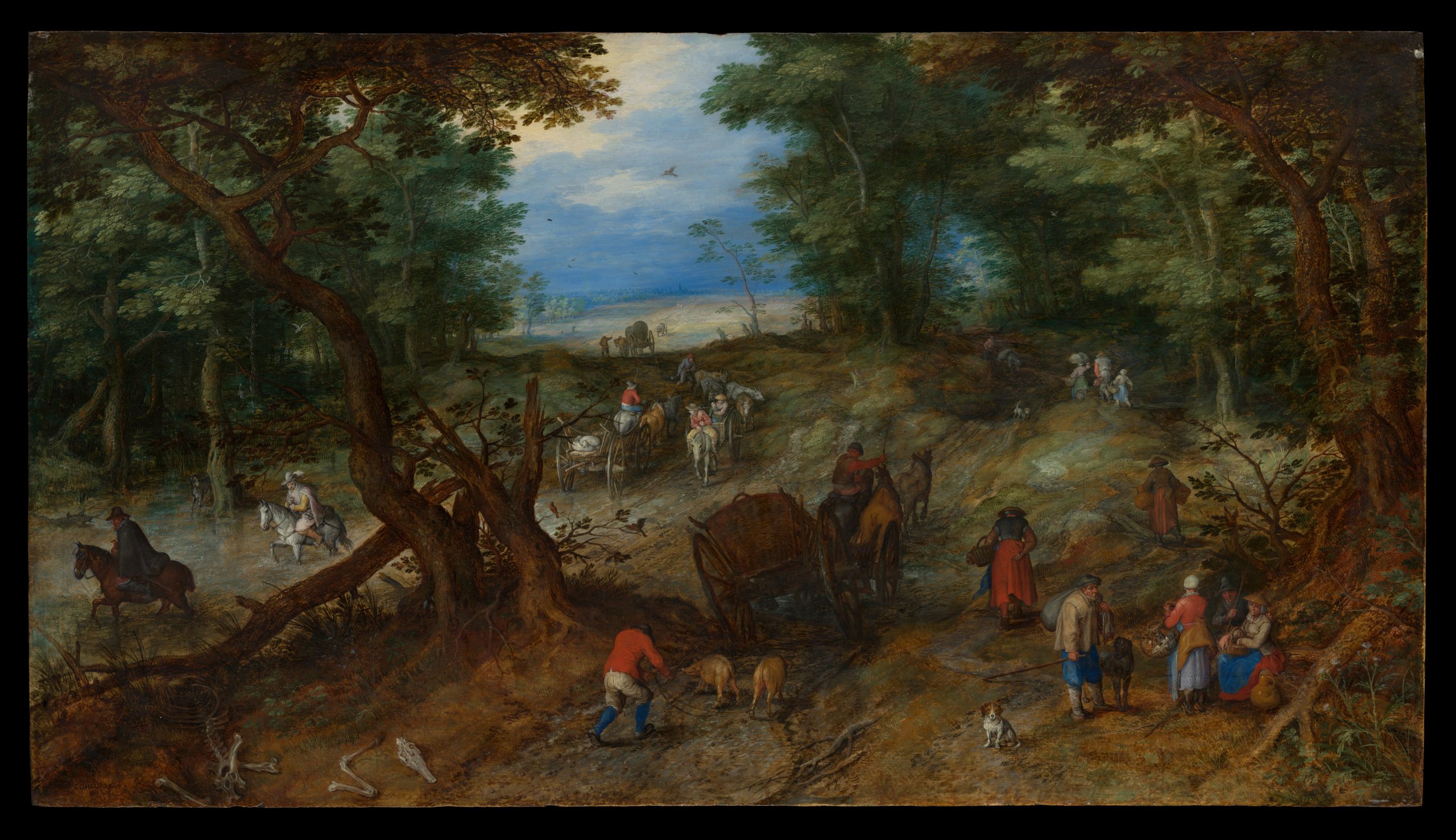 A landscape view of a woodland forest with peasants engaging in variety of everyday tasks in the foreground
