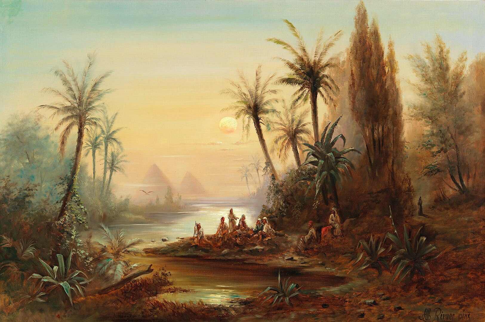 A landscape view of a river with palm trees at sunset